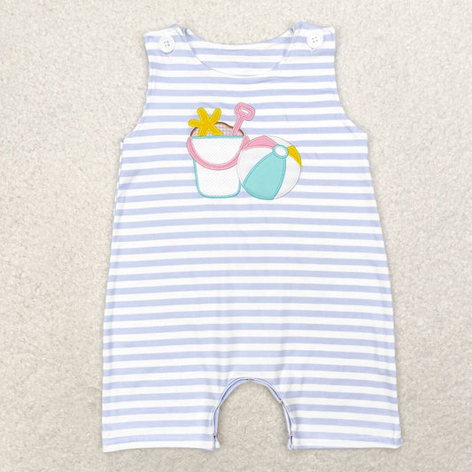 blue striped beach embroidery Print Baby Romper