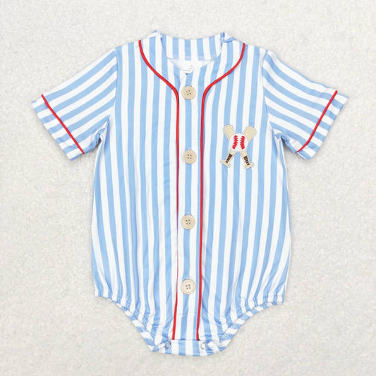blue stripe embroidered baseball Baby Romper