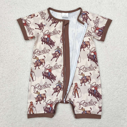 Western Cowboy Print Short Sleeve With Zipper Baby Romper