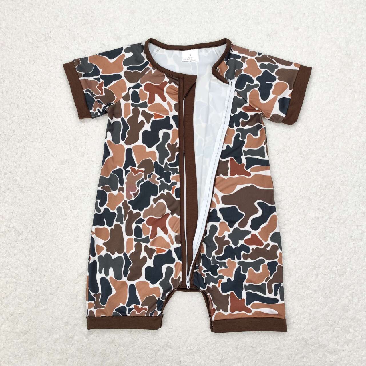 brown Camo Print Short Sleeve With Zipper Baby Romper