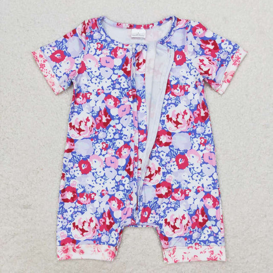 Purple floral Print Short Sleeve With Zipper Baby Romper