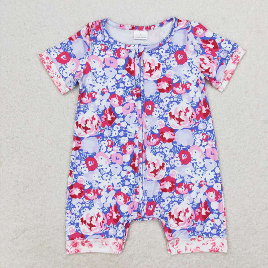 Purple floral Print Short Sleeve With Zipper Baby Romper