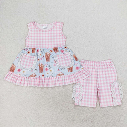 Pink plaid flower cow sleeveless with pockets Girls Set