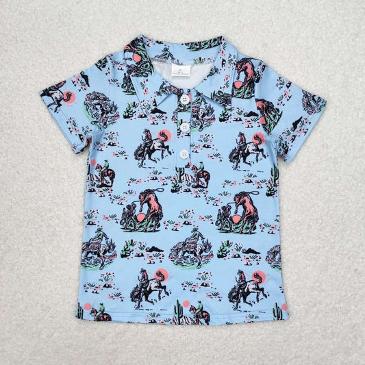 western Blue Horse With Button Boy Shirt