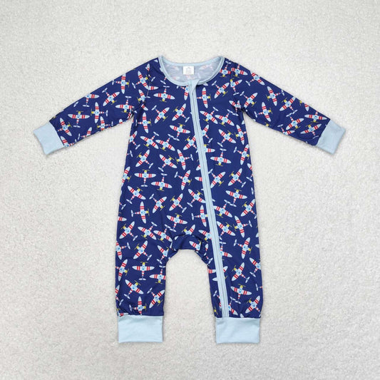 blue plane Print Zipper Romper