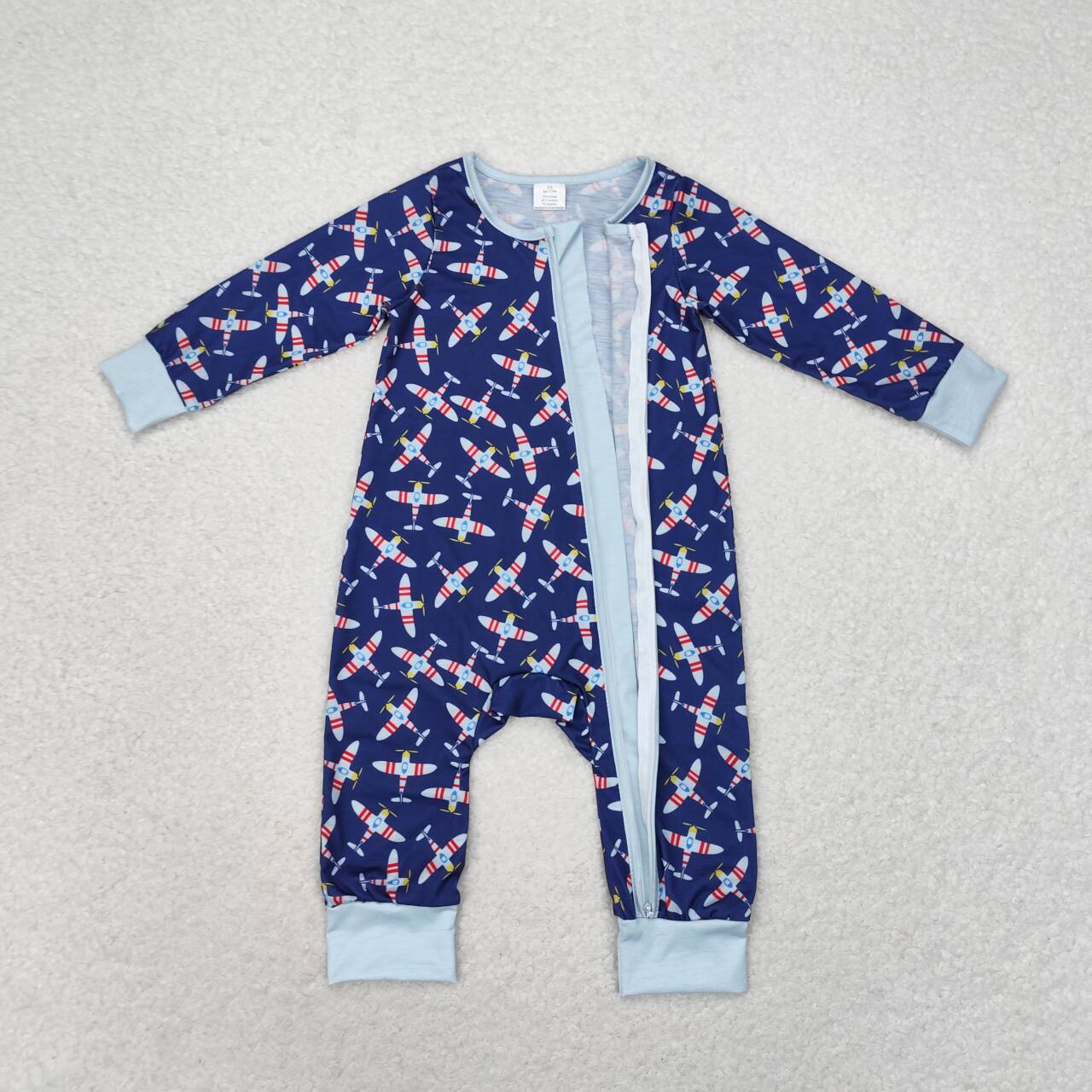 blue plane Print Zipper Romper