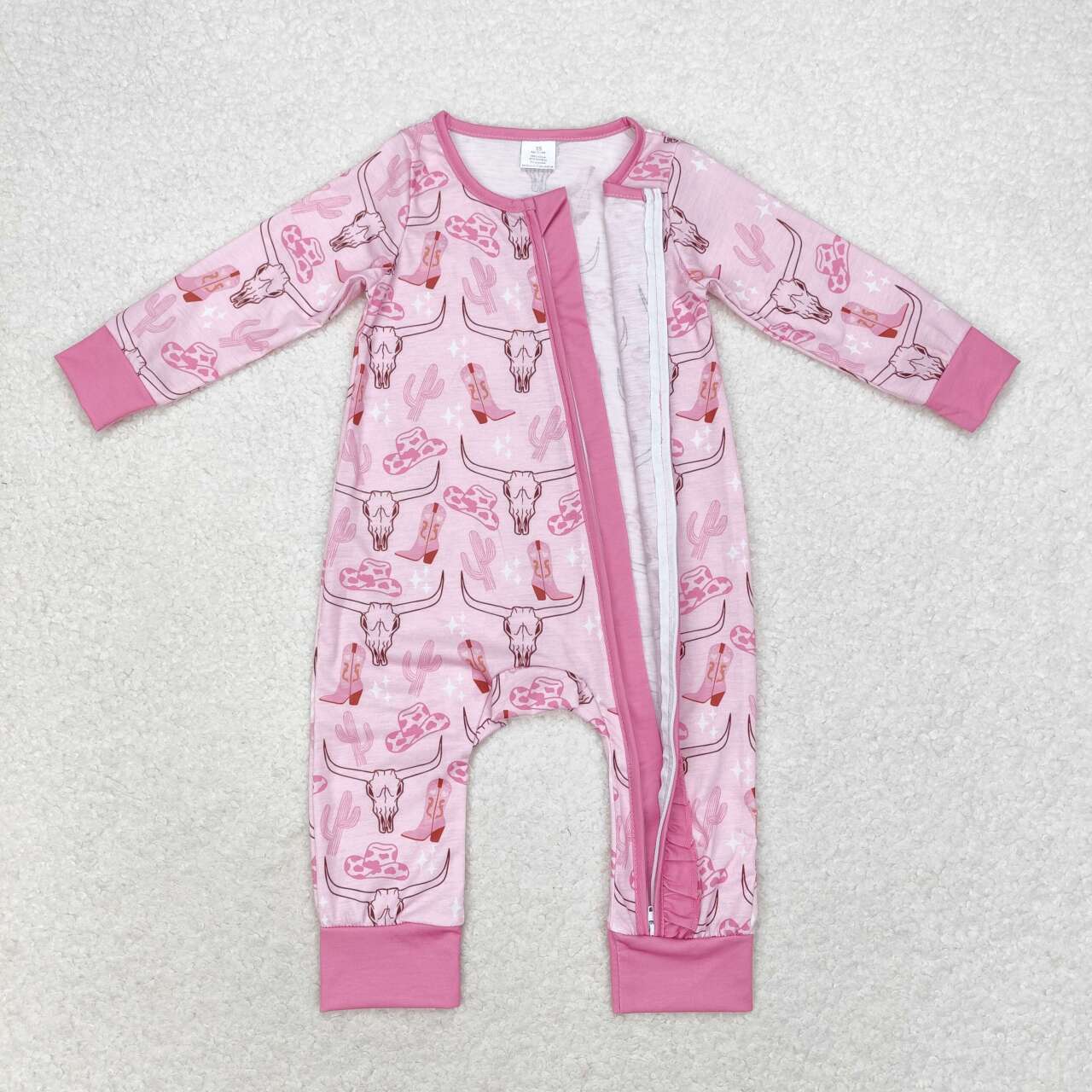 western Pink Cow print with zipper Baby Romper