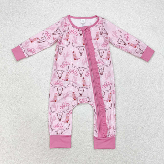 western Pink Cow print with zipper Baby Romper