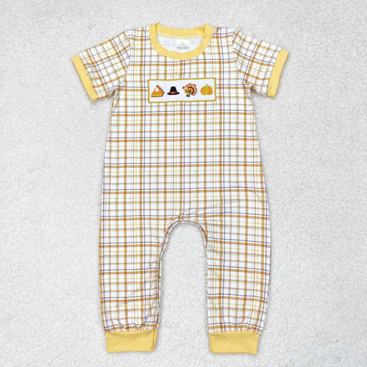 thanksgiving plaid turkey embroidery Baby romper