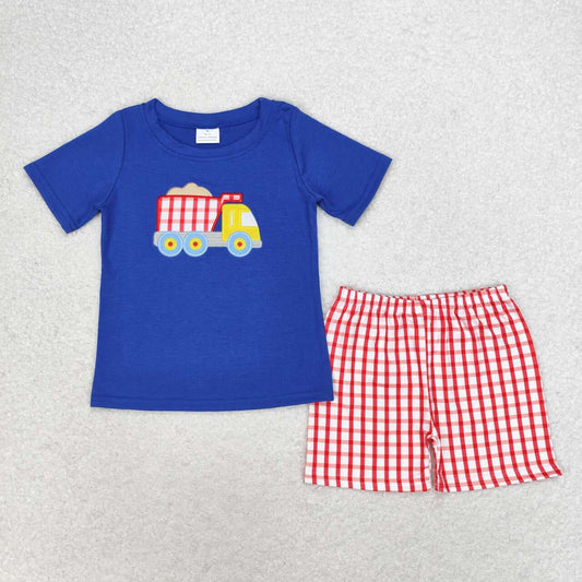Navy embroidered Car Red Plaid Boy Set