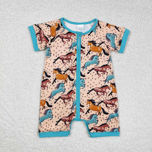 western Horse Print Short Sleeve With Zipper Baby Romper