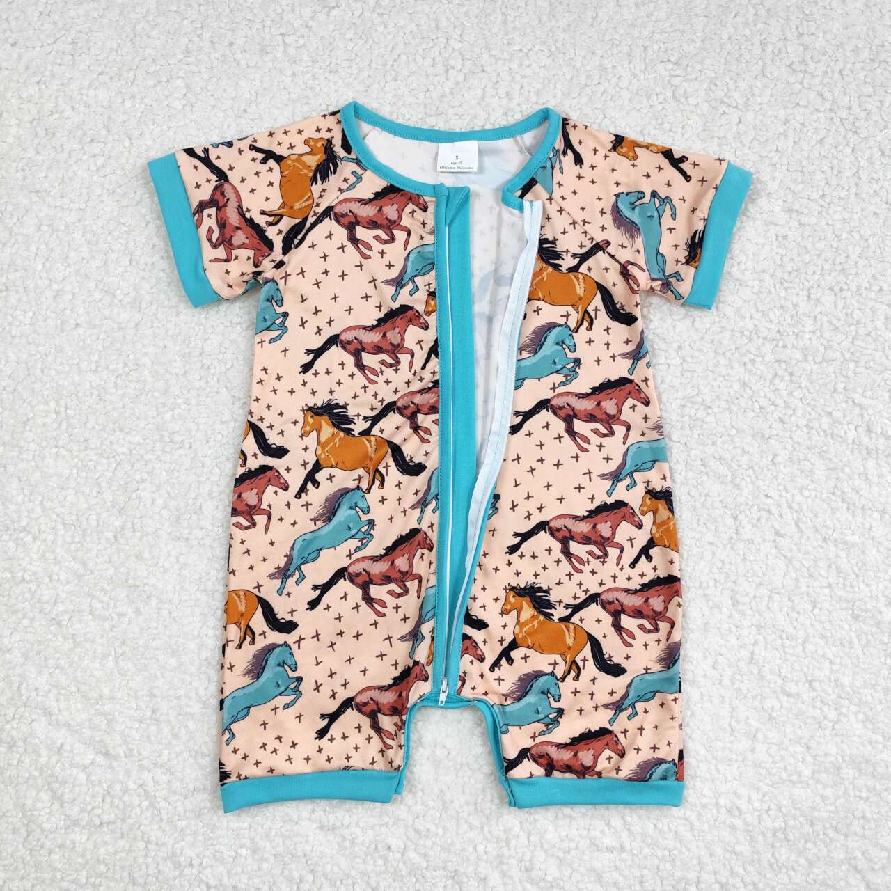 western Horse Print Short Sleeve With Zipper Baby Romper