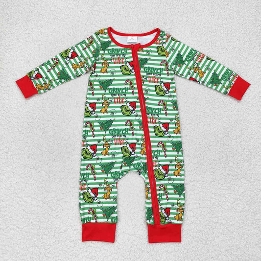 Christmas green striped dinosaur With Zipper Baby Romper