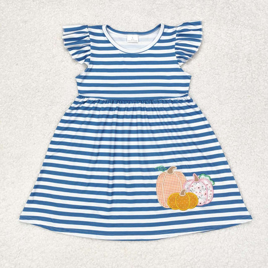 Blue Stripe pumpkin embroidery Girls dress