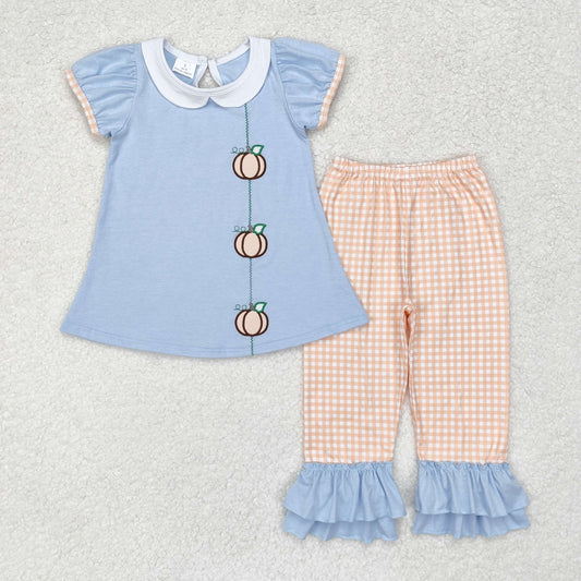 blue pumpkin embroidery Girls Set