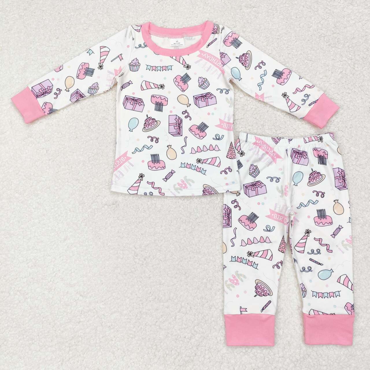 Pink Happy Bithday pattern long-sleeved pants pajamas