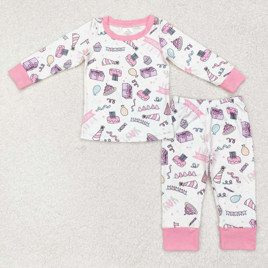 Pink Happy Bithday pattern long-sleeved pants pajamas