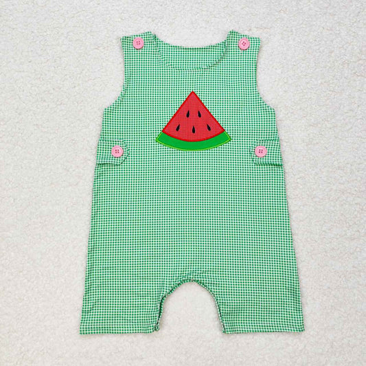 Green plaid watermelon embroidery sleeveless baby romper