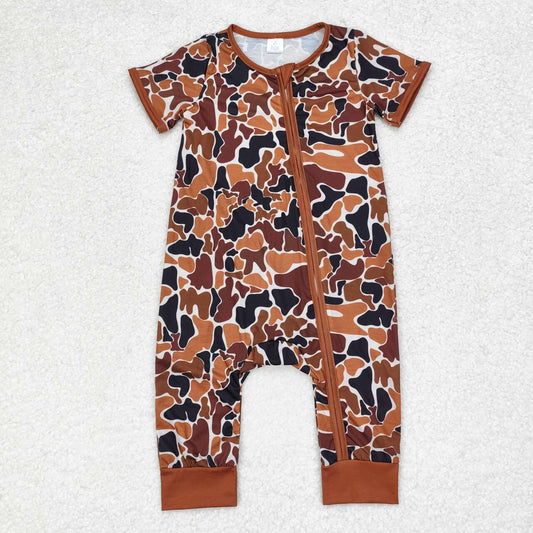 brown camo Print Short Sleeve With Zipper Baby Romper