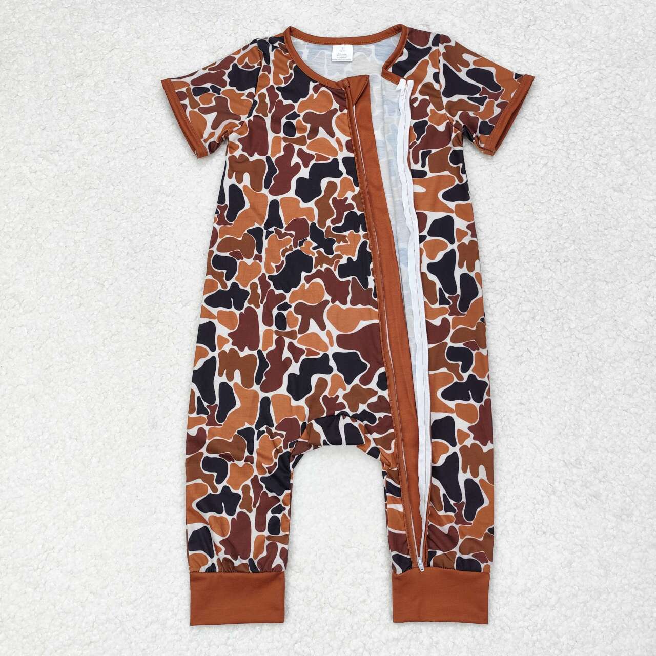 brown camo Print Short Sleeve With Zipper Baby Romper