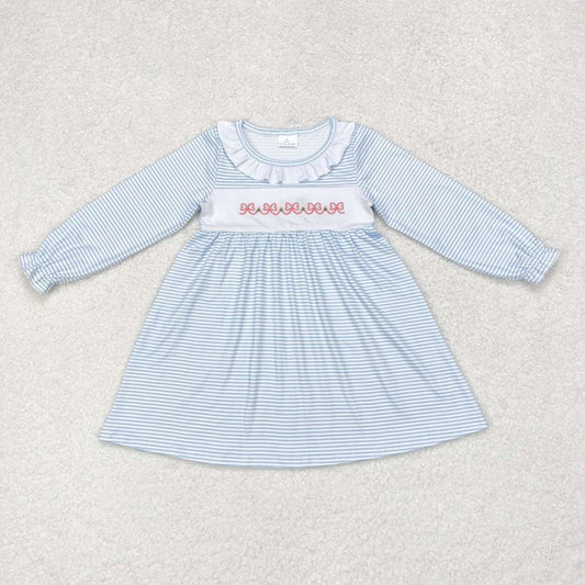 Floral Embroidery Blue stripe Girls Dress