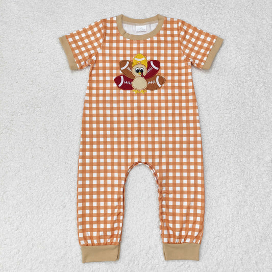 thanksgiving plaid turkey embroidery Baby romper