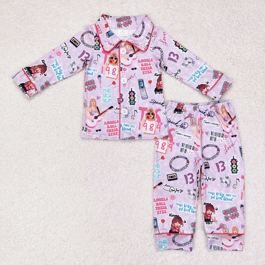 purple Cartoon With Button Girls Pajamas