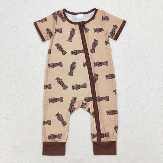 brown Print Short Sleeve With Zipper Baby Romper