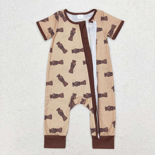 brown Print Short Sleeve With Zipper Baby Romper