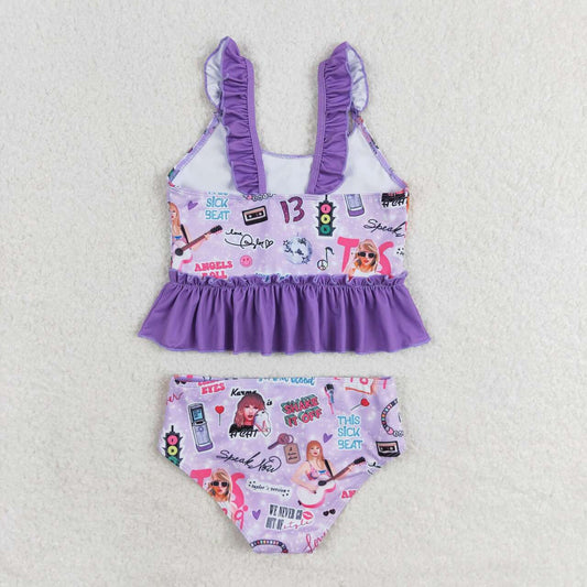 2pc purple print short sleeve Swimsuit