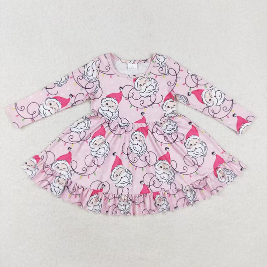 Christmas Pink Santa Pattern Cartoon Long Sleeve Girls Dress