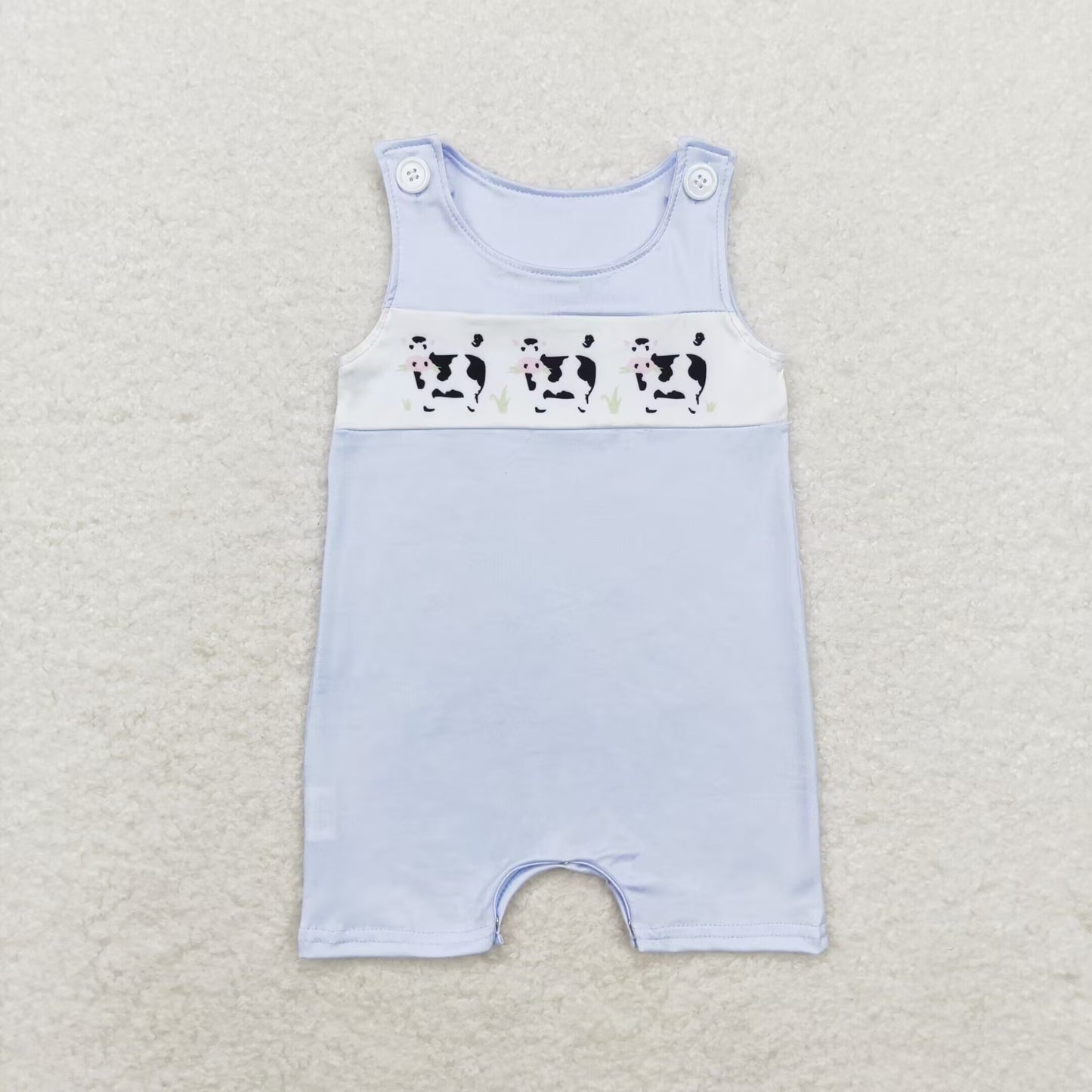 Blue Cow embroidery sleeveless baby romper