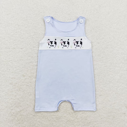 Blue Cow embroidery sleeveless baby romper