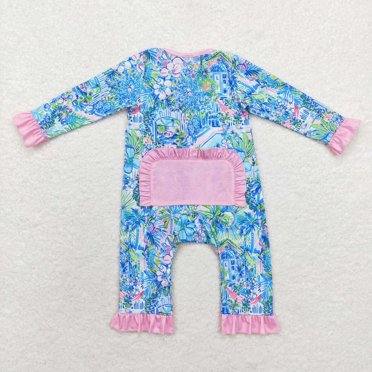 Blue floral With Zipper Long Sleeves Romper