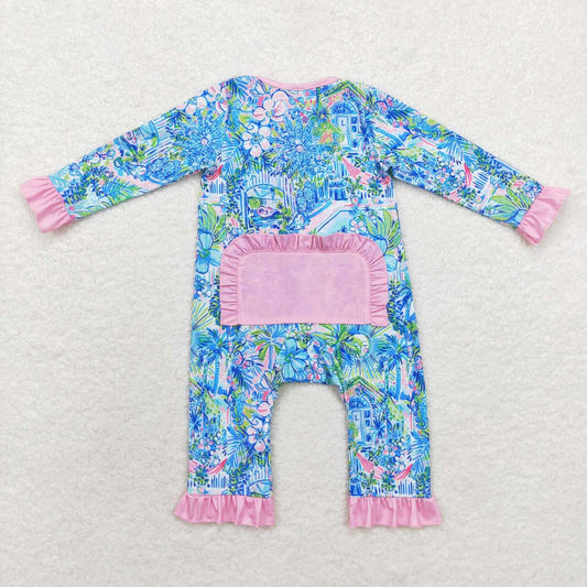 Blue floral With Zipper Long Sleeves Romper