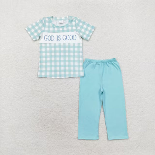 Blue plaid GOD IS GOOD Short Sleeve Pants Set