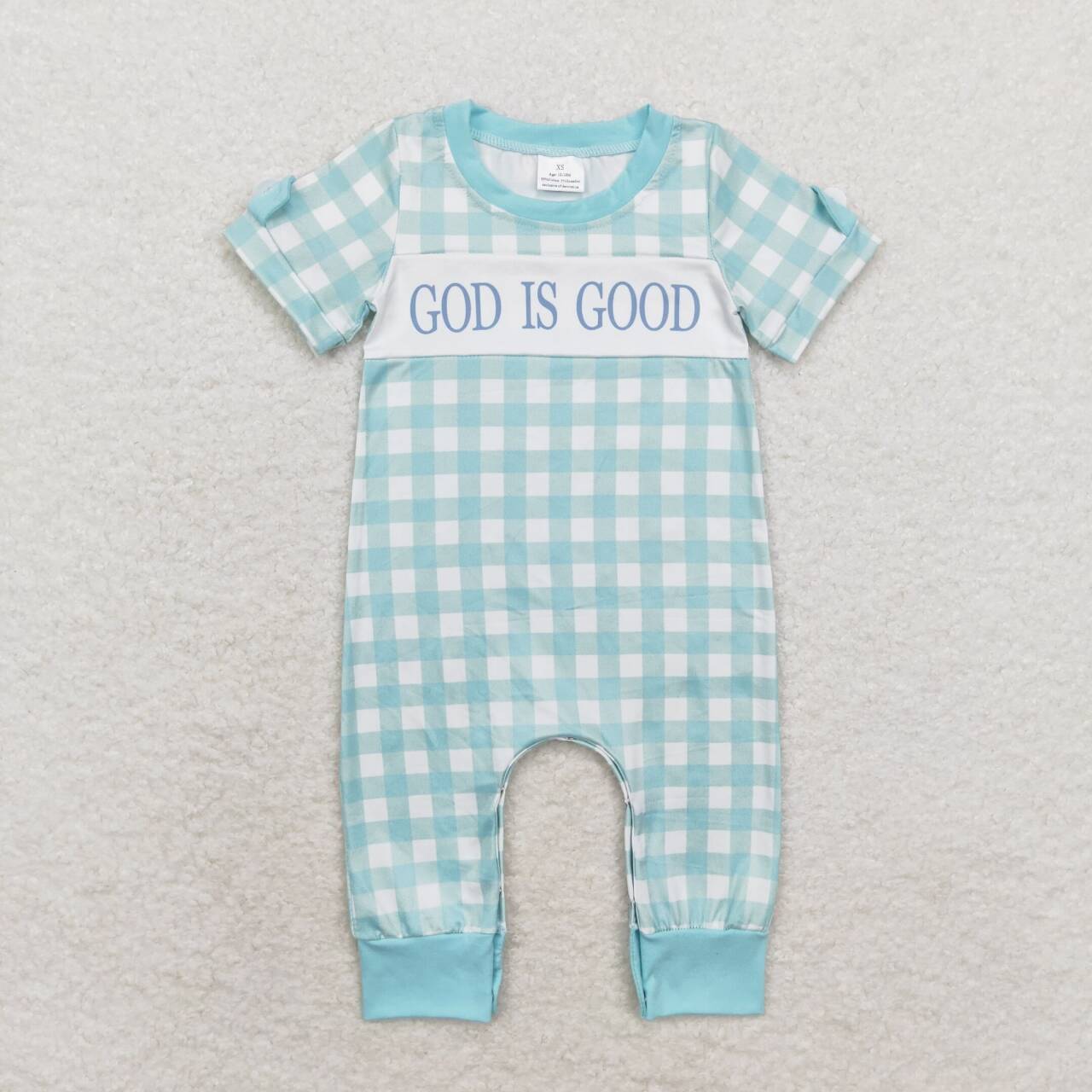 Blue plaid GOD IS GOOD Baby romper