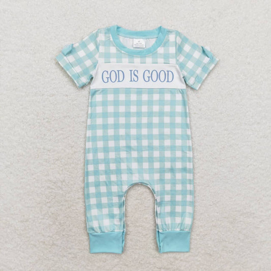 Blue plaid GOD IS GOOD Baby romper