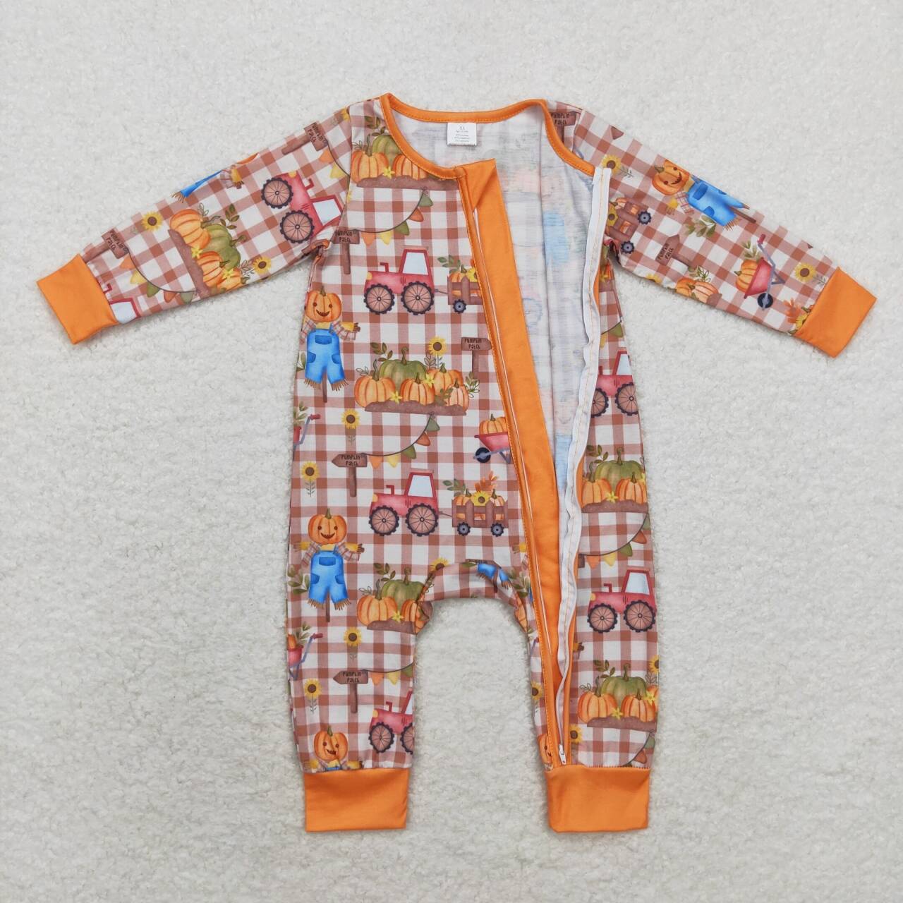 Halloween Orange plaid pumpkin Baby Romper With zipper