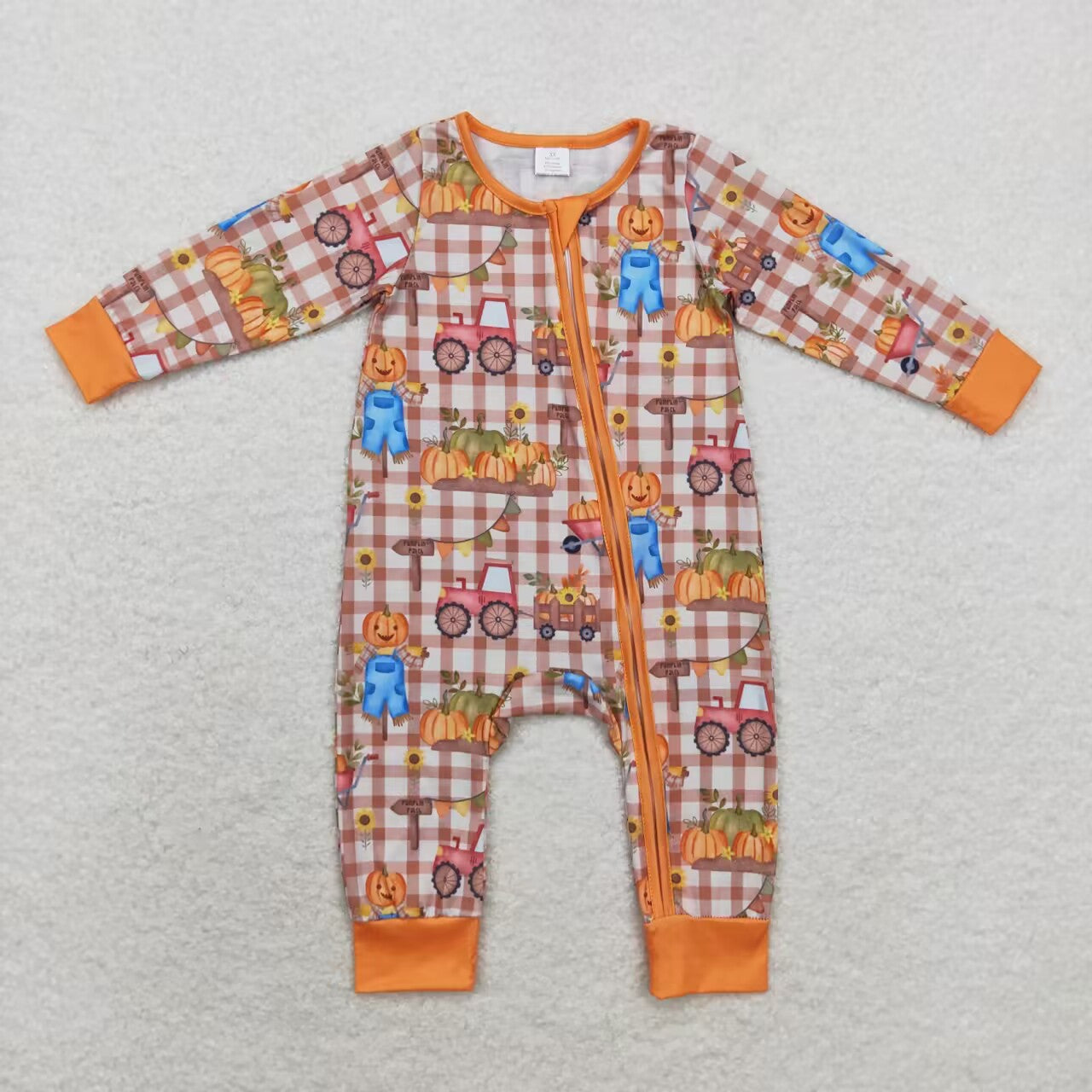 Halloween Orange plaid pumpkin Baby Romper With zipper