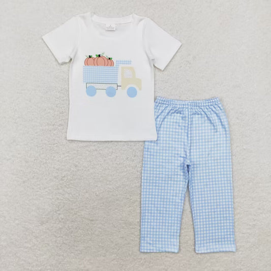 Halloween pumpkin Blue plaid Print Boy Set