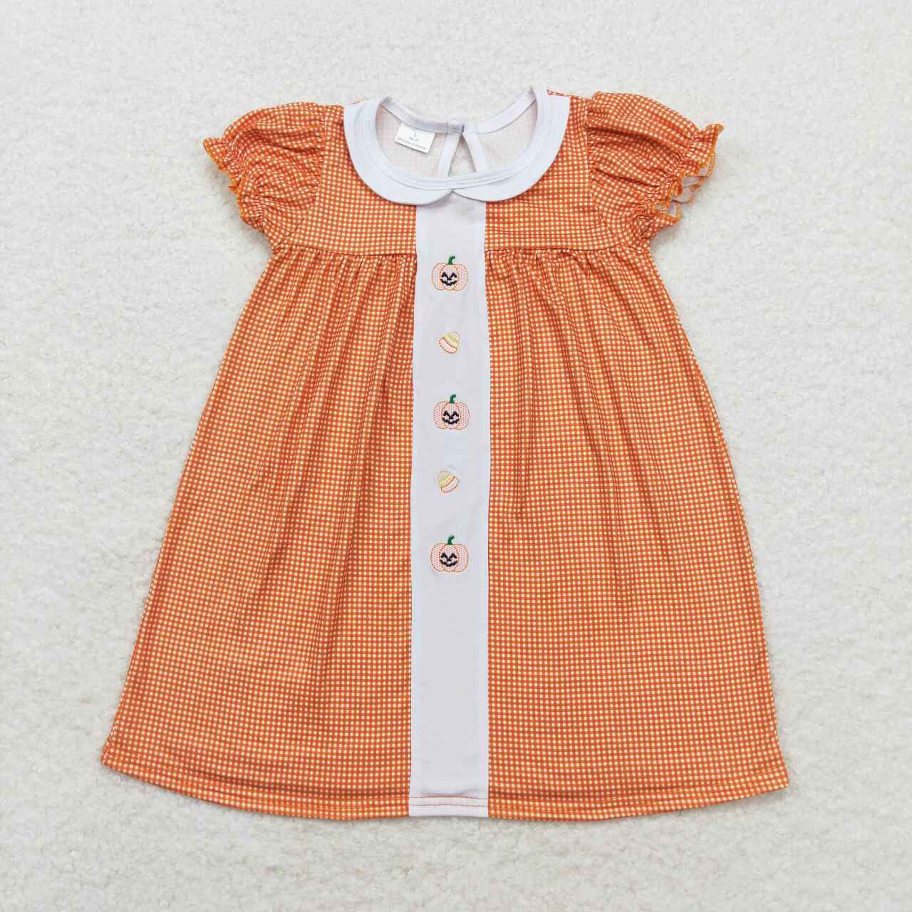 Halloween Orange Plaid Pumpkin embroidered Girls Dress