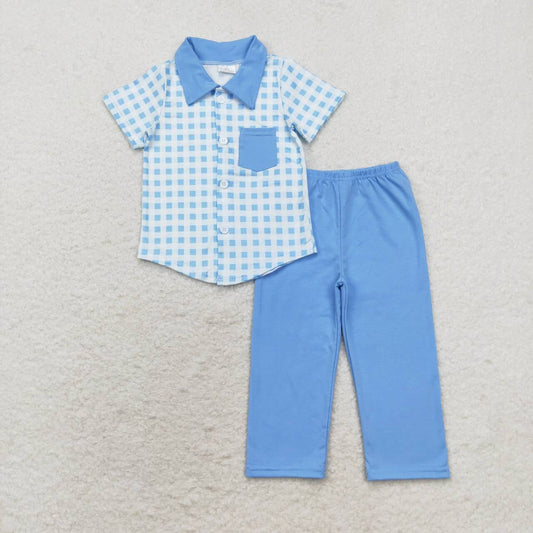 Plaid Blue with button Print Boy Set