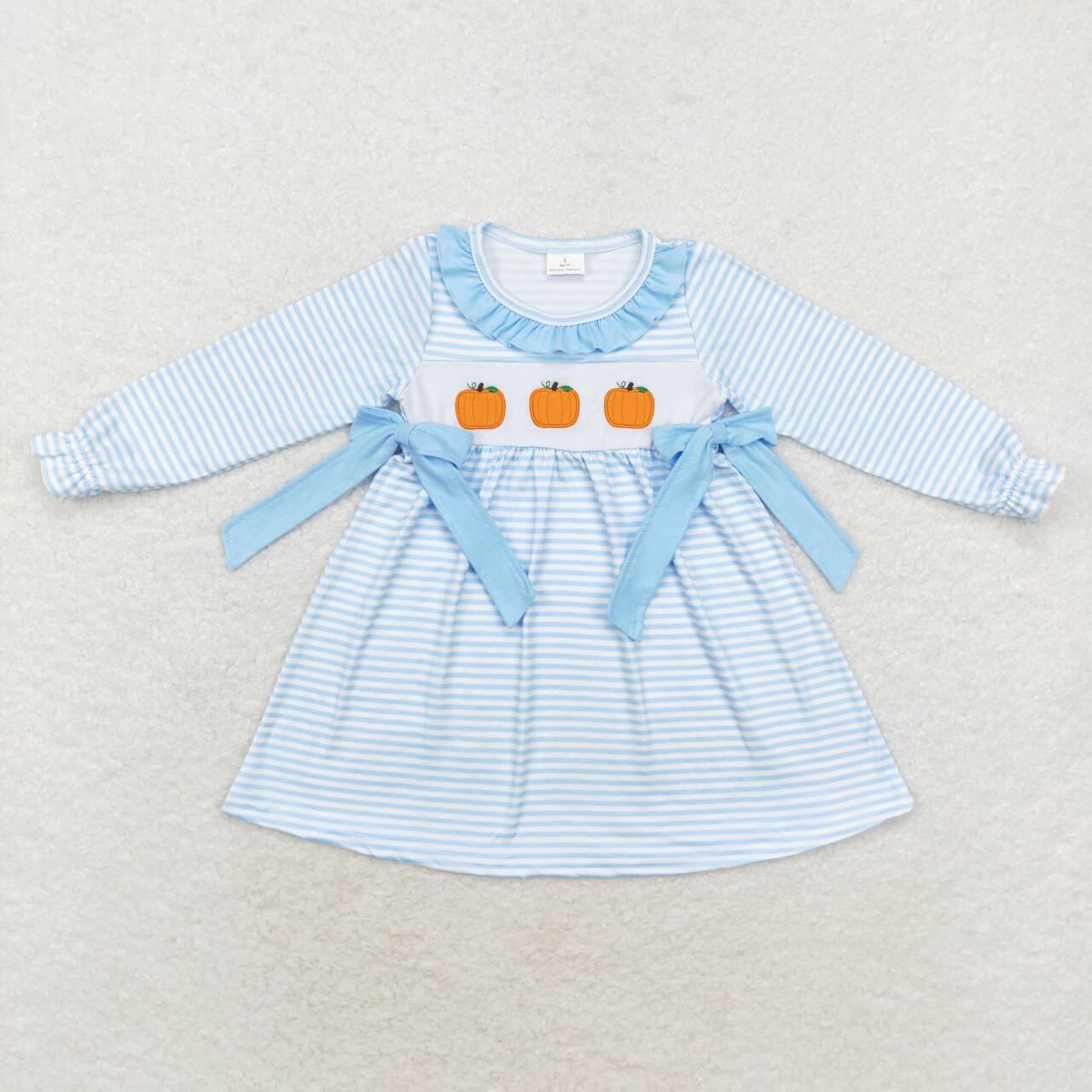 Blue Stripe pumpkin embroidery Girls dress