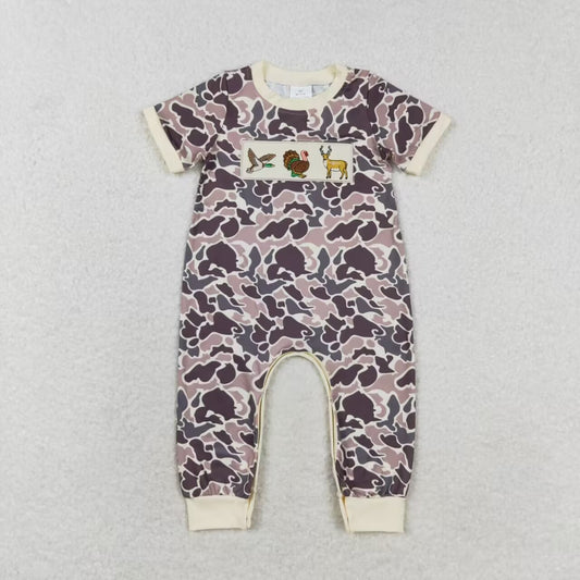 Camo thanksgiving turkey embroidery Baby romper