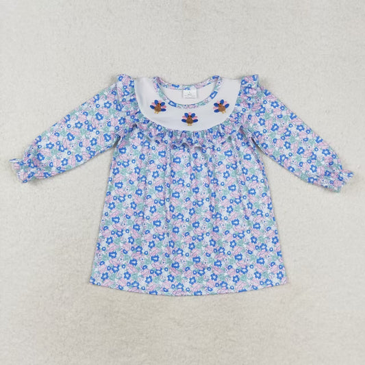 thanksgiving turkey embroidery blue flowers Girls Dress