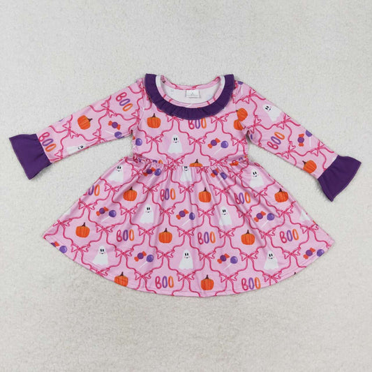 Halloween Pink Pumpkin Pattern Cartoon Long Sleeve Girls Dress