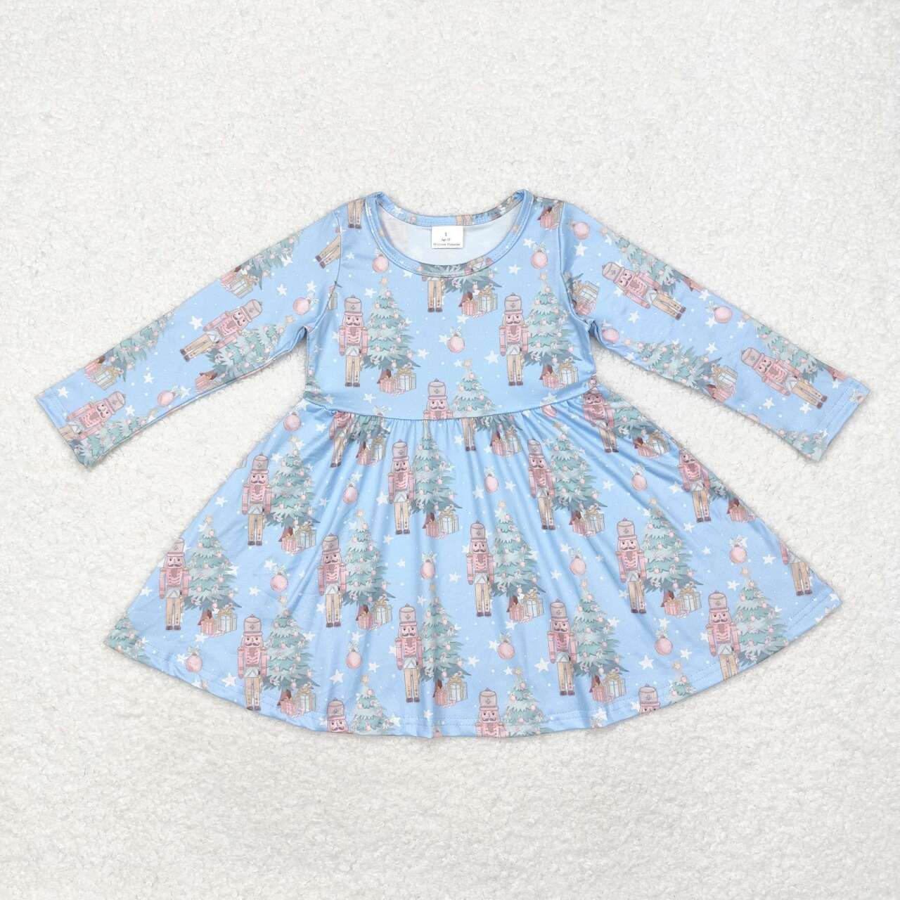 Christmas Blue Cartoon Long Sleeve Girls Dress