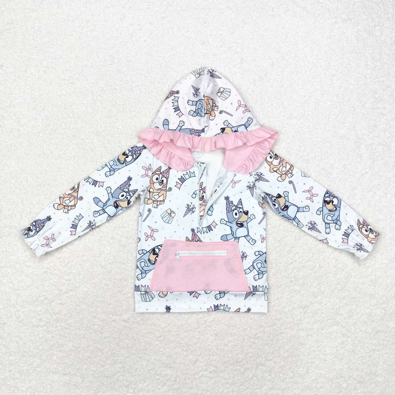 Pink Cartoon Print Ruffle Long Sleeve With Zipper pullover