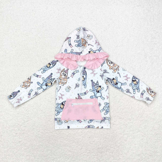 Pink Cartoon Print Ruffle Long Sleeve With Zipper pullover